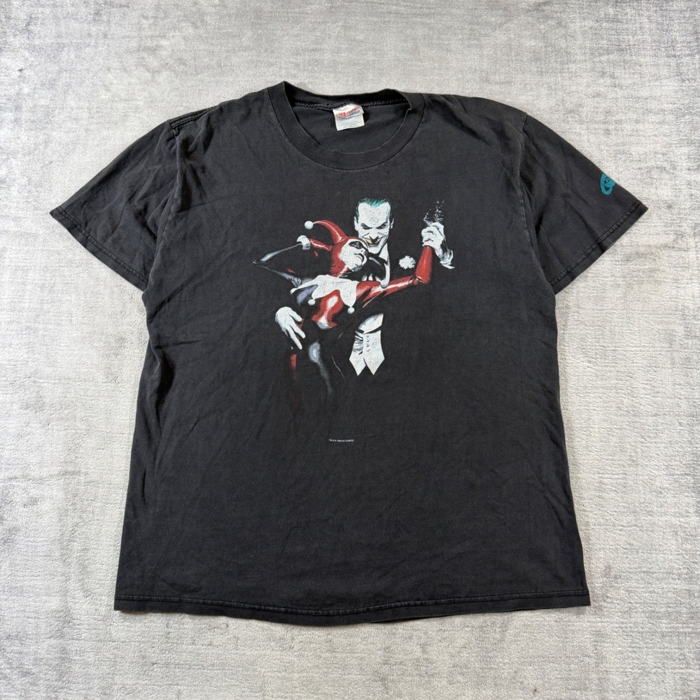 Vintage Batman Shirt Mens Large Black 1999 DC Comics Joker Harley Quinn Faded
